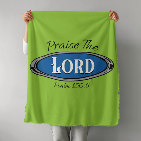 Dark blue oval SVG with “Praise the Lord” text and scripture reference
