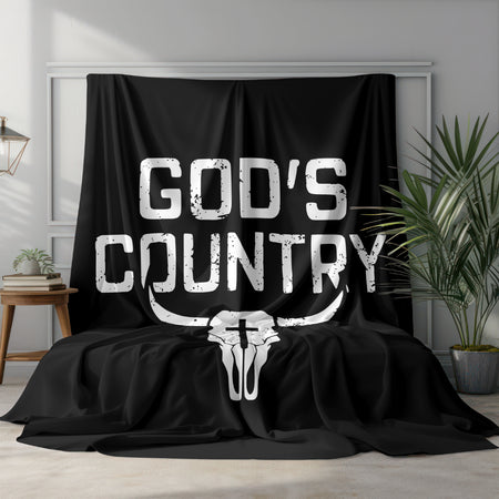"Rustic God's COUNTRY Text with Bull Skull Graphic"