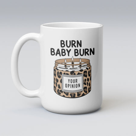 "Digital download of candle graphic with 'Burn Baby Burn' slogan on leopard pattern."