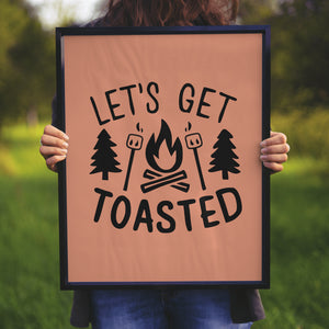 "Monochromatic campfire and marshmallow roasting graphic with 'Let's Get Toasted' text."