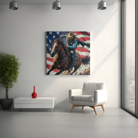 "Patriotic Cowboy on Galloping Horse Illustration"