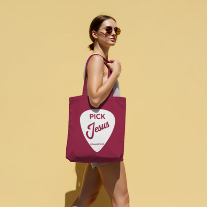 White guitar pick graphic with 'Pick Jesus' and Romans 10:13 for Christian crafters