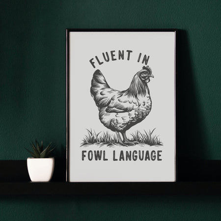 "Black chicken silhouette on grass with playful caption, in PNG and JPEG."