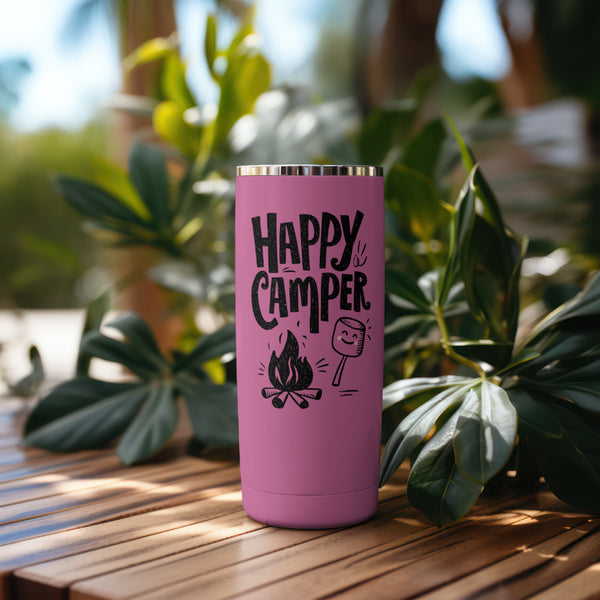 "Camping fun graphic with 'HAPPY camper' text and marshmallow illustration."