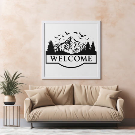 "Digital Download Mountain Welcome Sign with Birds and Trees"