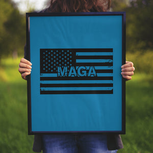 "Distressed MAGA text over monochrome American flag for political merchandise."