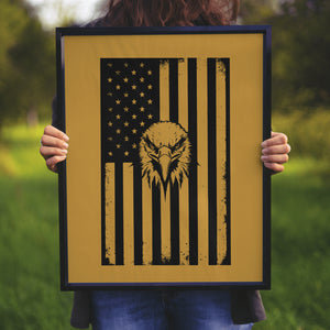 "Patriotic graphic art featuring an eagle on a monochrome striped American flag." silhouette