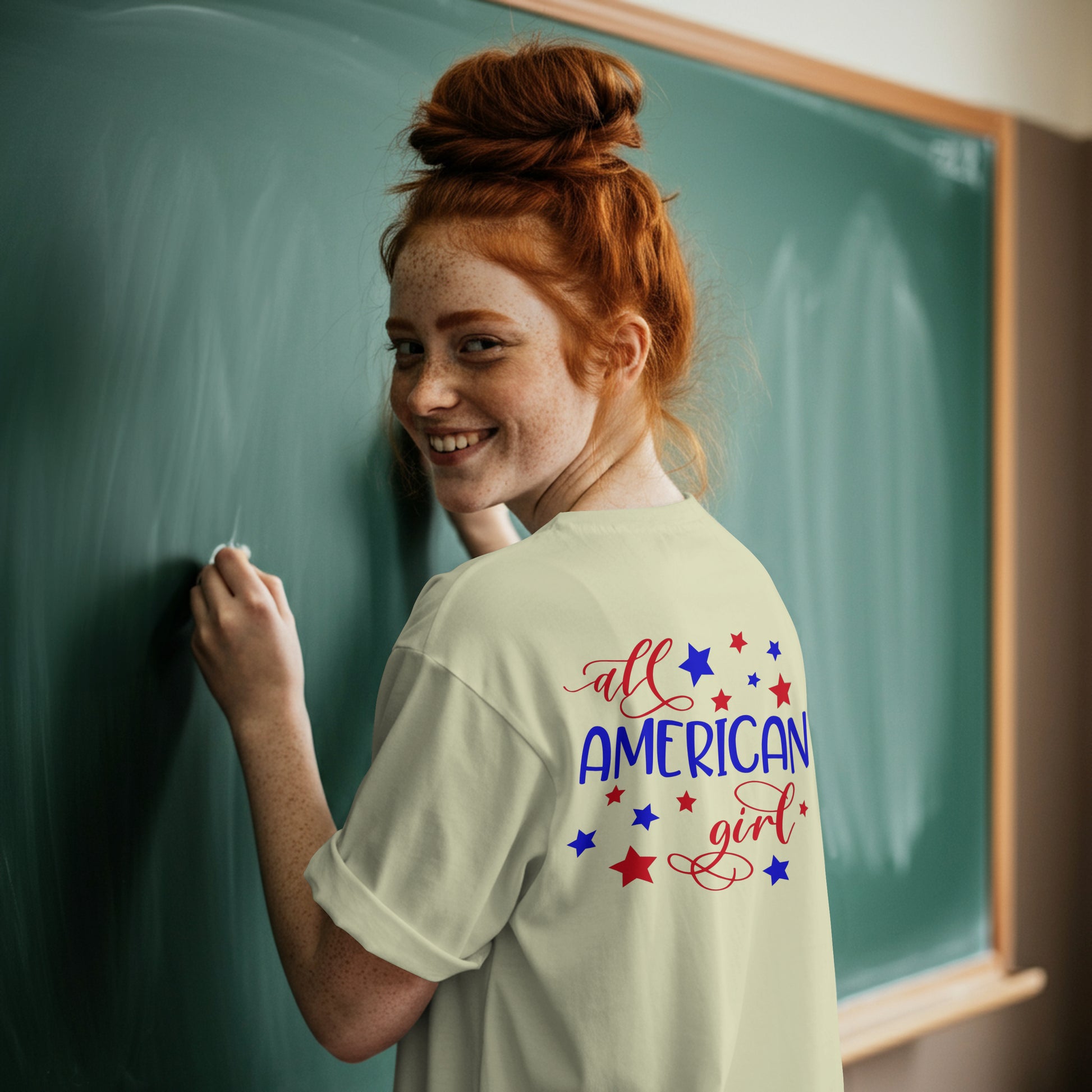 red white blue girl graphic with star accents