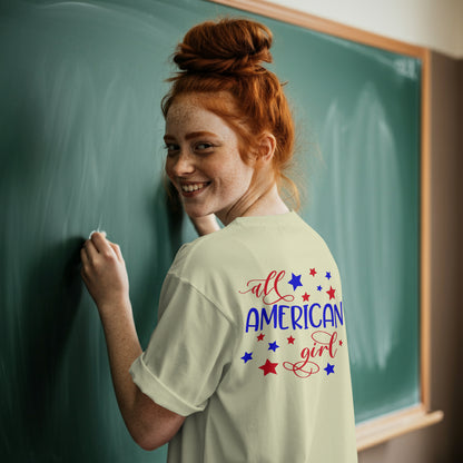 red white blue girl graphic with star accents