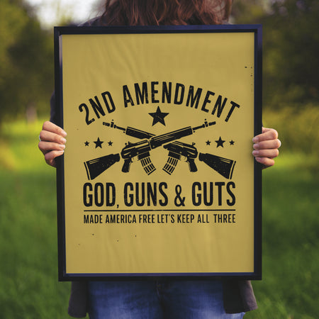 "Bold 2nd Amendment graphic design with rifles and patriotic phrases in SVG, PNG, JPEG."