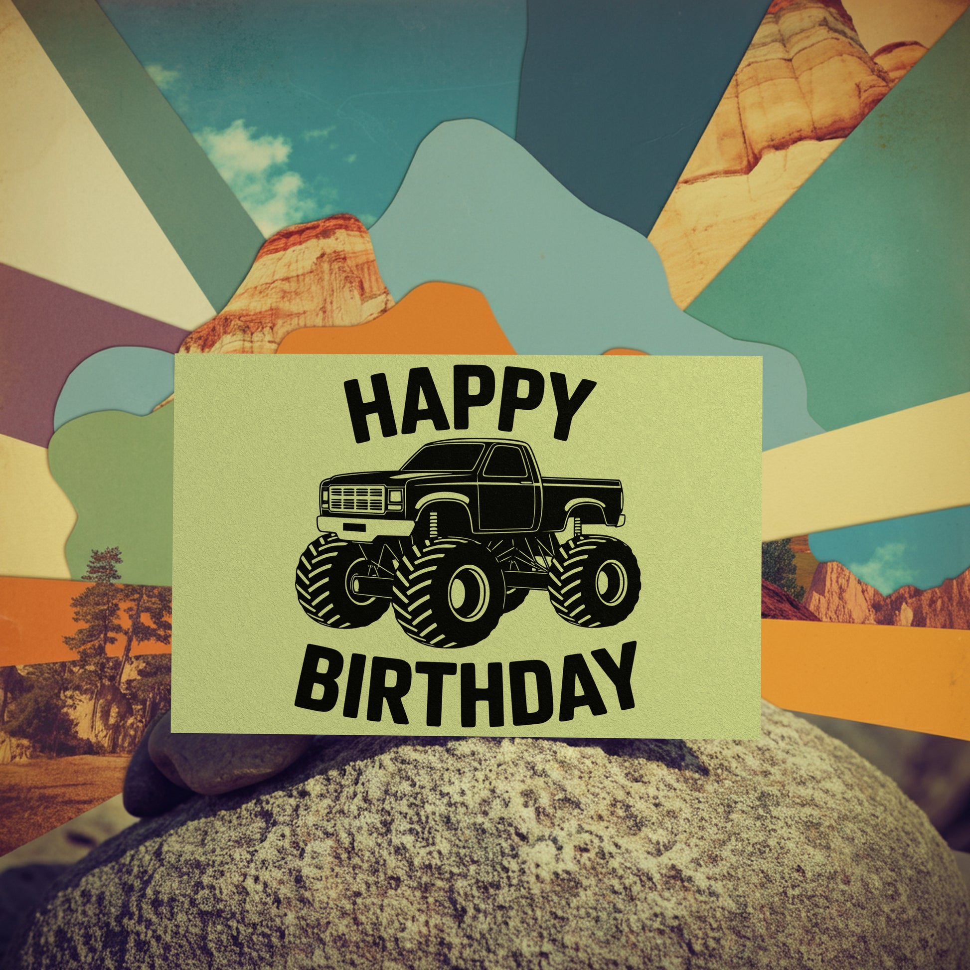 Monster truck birthday SVG with large tires and bold HAPPY BIRTHDAY text