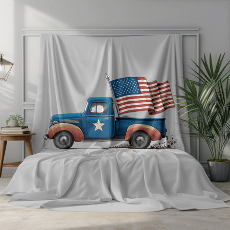 "Vintage blue truck with waving American flag illustration in high resolution."