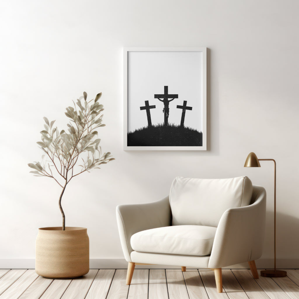 "Vintage style graphic of three crosses, symbolizing the crucifixion, in black and white."