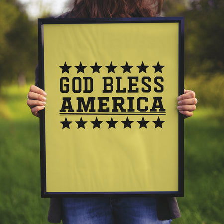 "All-black silhouette graphic of 'God Bless America' surrounded by stars."