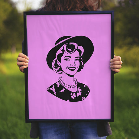 "1950s style housewife with pearl necklace and wide-brimmed hat in SVG, PNG, JPEG."