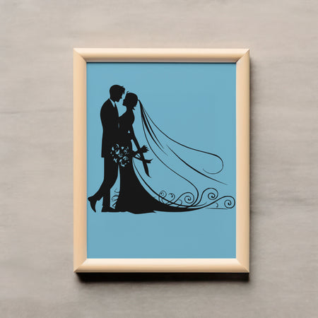 "Bride and groom silhouette with bouquet and flowing gown details."