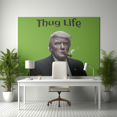 Monochrome illustration of Donald Trump smoking a cigar with "Thug Life" text above him.