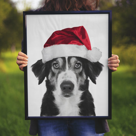 "Real life image of a cute dog in Christmas attire for festive projects."