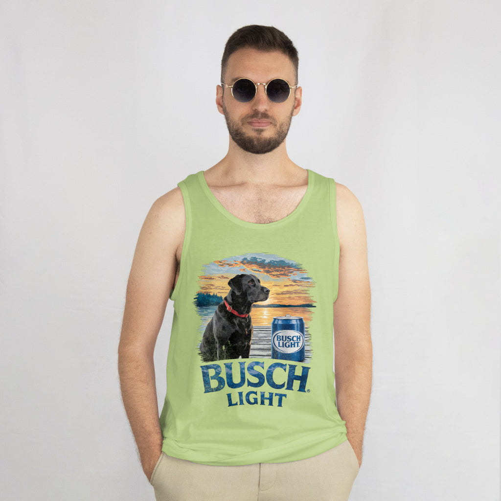 Busch Light can PNG with a sunset lake background
