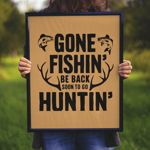 "Humorous Fishing and Hunting Black Silhouette Design"