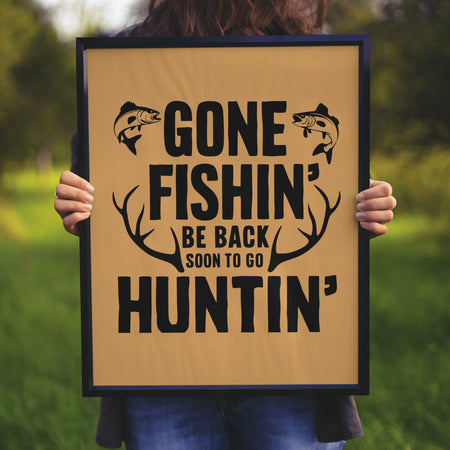 "Humorous Fishing and Hunting Black Silhouette Design"