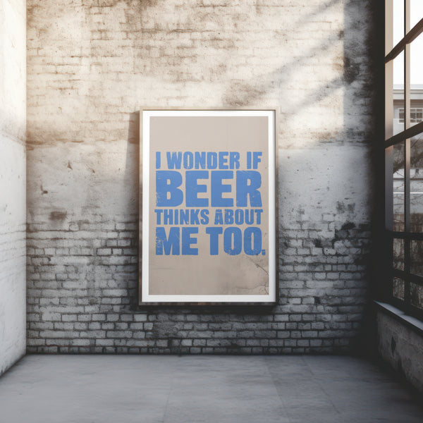 "Nostalgic beer-themed typography art in a worn-out blue font for decor or apparel."