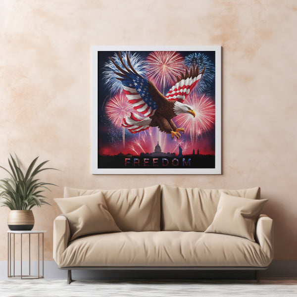 "Patriotic Eagle with American Flag Colors and Fireworks"