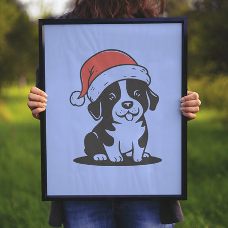 "Minimalist dog wearing a Santa hat illustration for holiday projects."