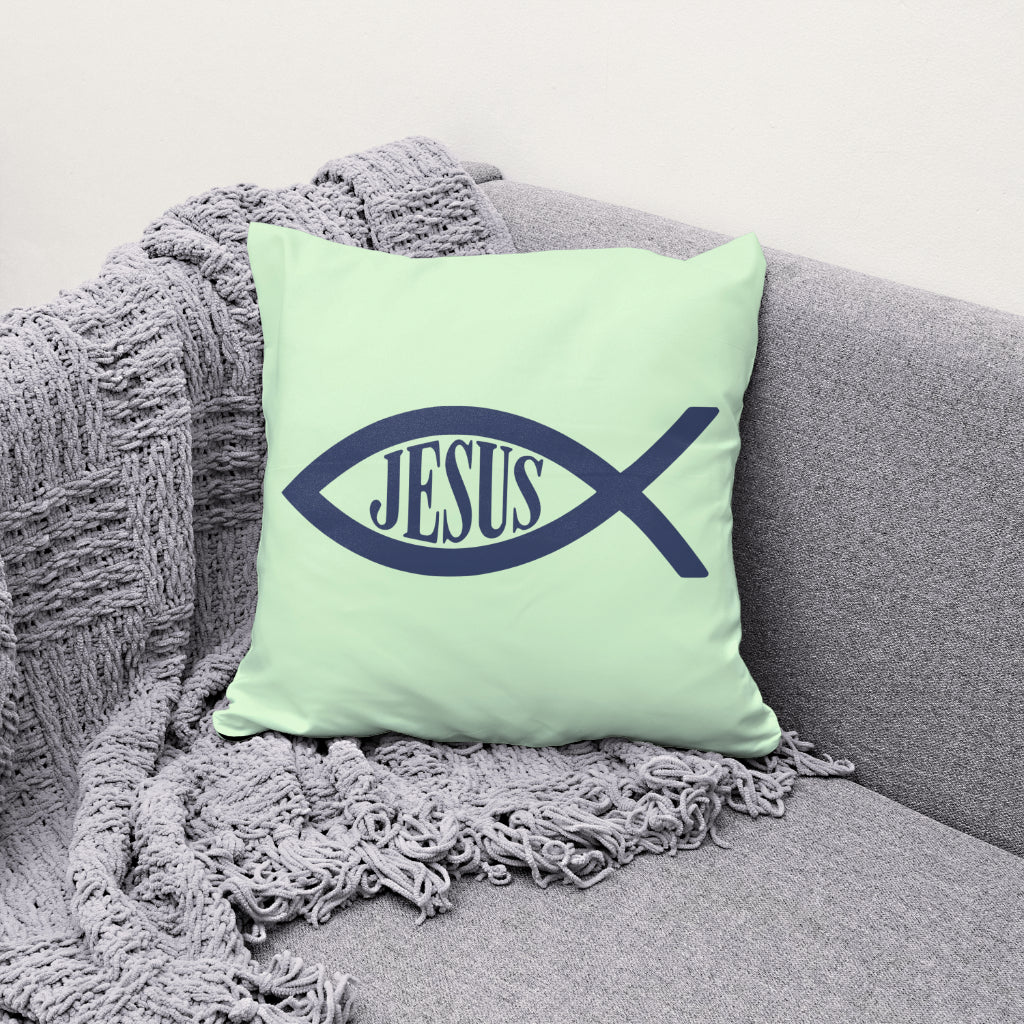 Jesus fish symbol in blue with decorative font