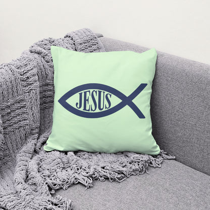 Jesus fish symbol in blue with decorative font