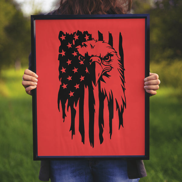 "Bold black graphic art of an eagle on American flag for patriotic decor."