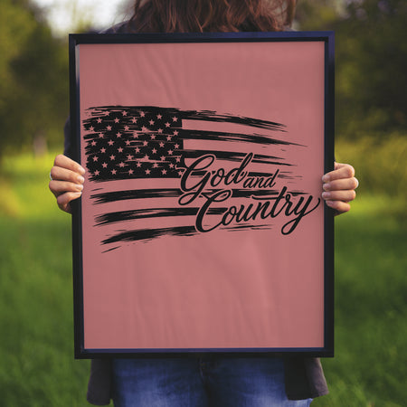 "All-black silhouette of a textured American flag with 'God and Country' text."