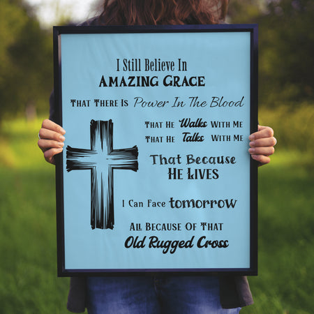 "Black and White Christian Hymn Text with Rustic Cross Illustration"