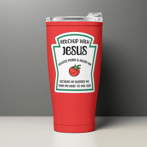 Funny ketchup label design with Christian theme PNG
