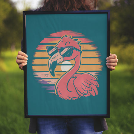 "Vintage Flamingo Graphic with Sunset Background"