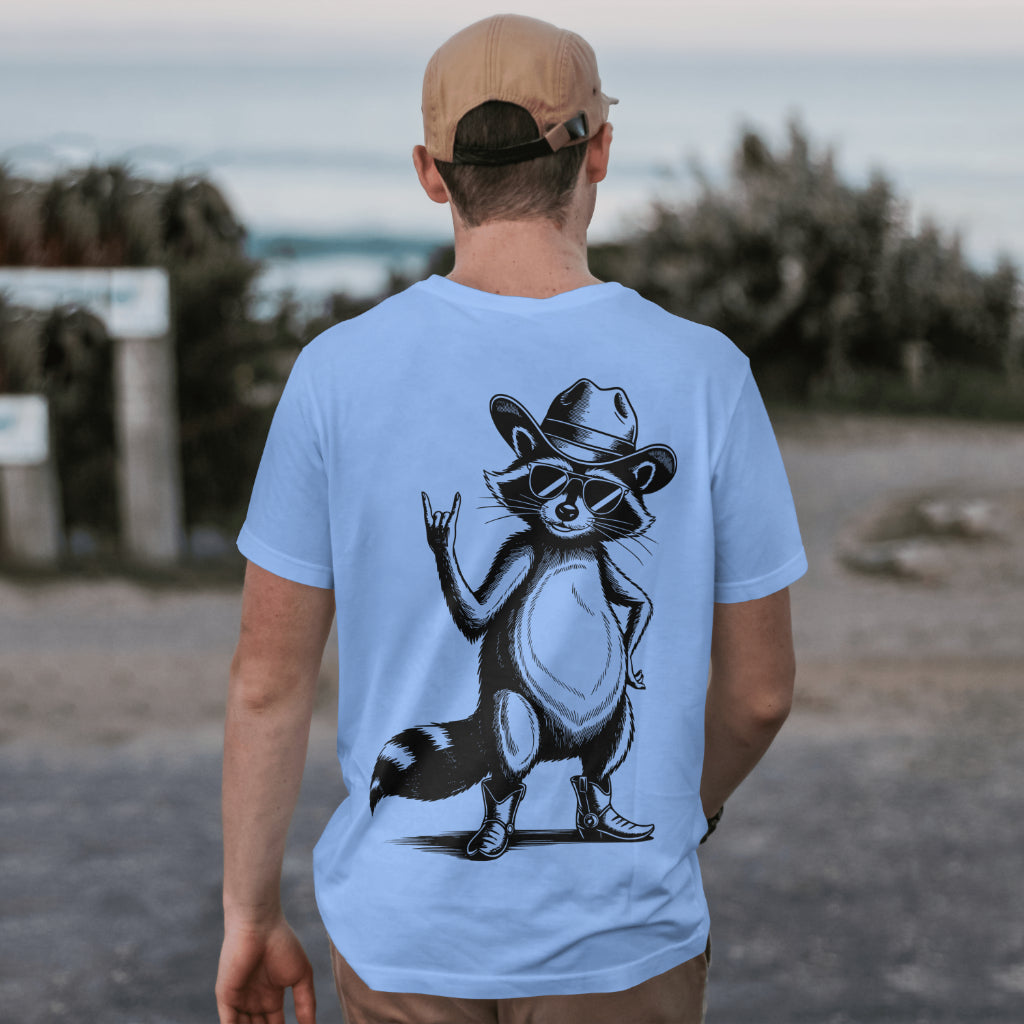 Cowboy raccoon SVG with rock on hand sign