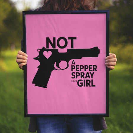 "Bold self-defense themed graphic with stylized handgun and clever text placement."