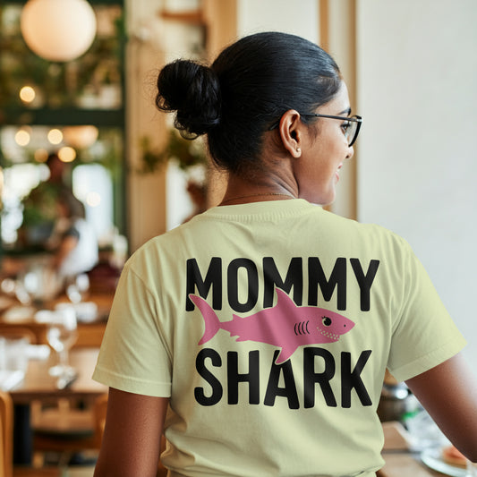 Mommy Shark SVG with pink cartoon shark graphic