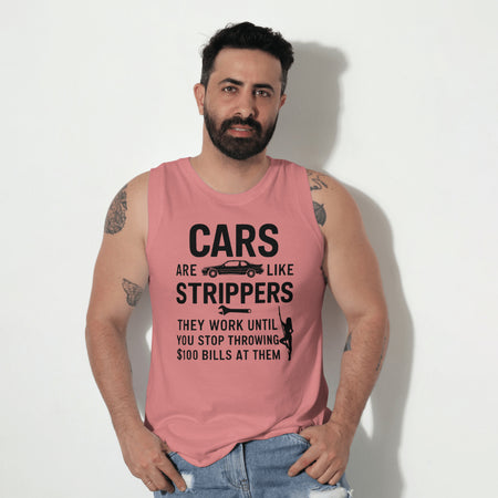 "Funny automotive graphic with 'Cars Are Like Strippers' text."