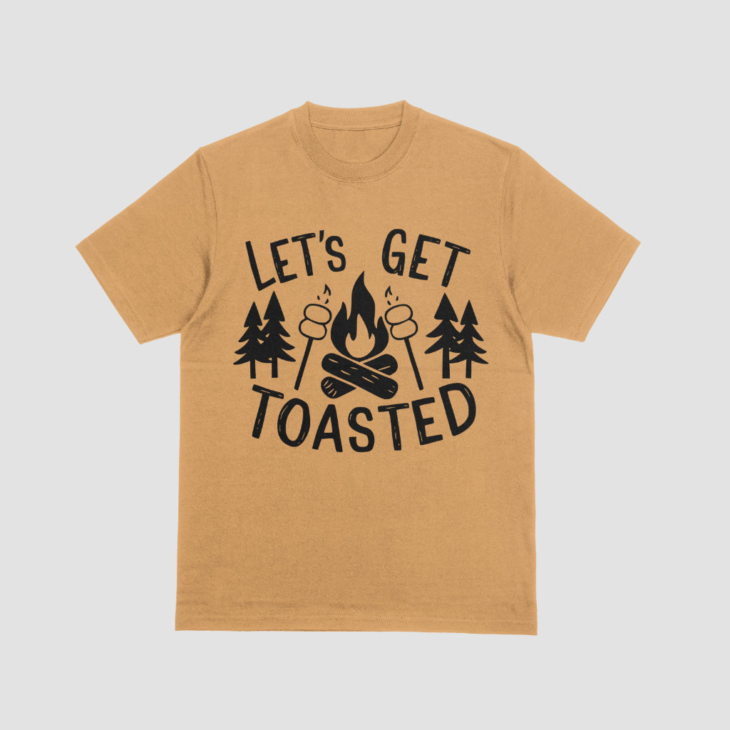 "Outdoor adventure emblem featuring a campfire with toasted marshmallows in black silhouette."