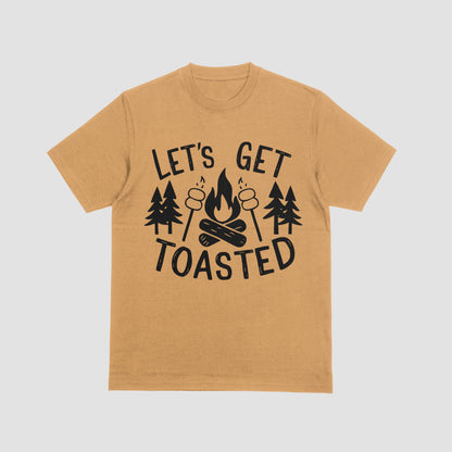 "Outdoor adventure emblem featuring a campfire with toasted marshmallows in black silhouette."