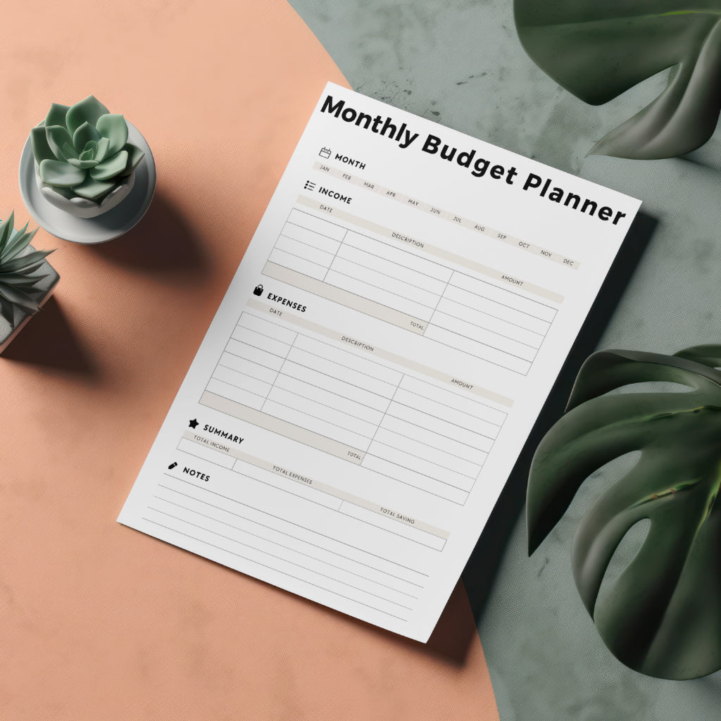 Printable Monthly Planner and Budget PDF with income and expense tracker
