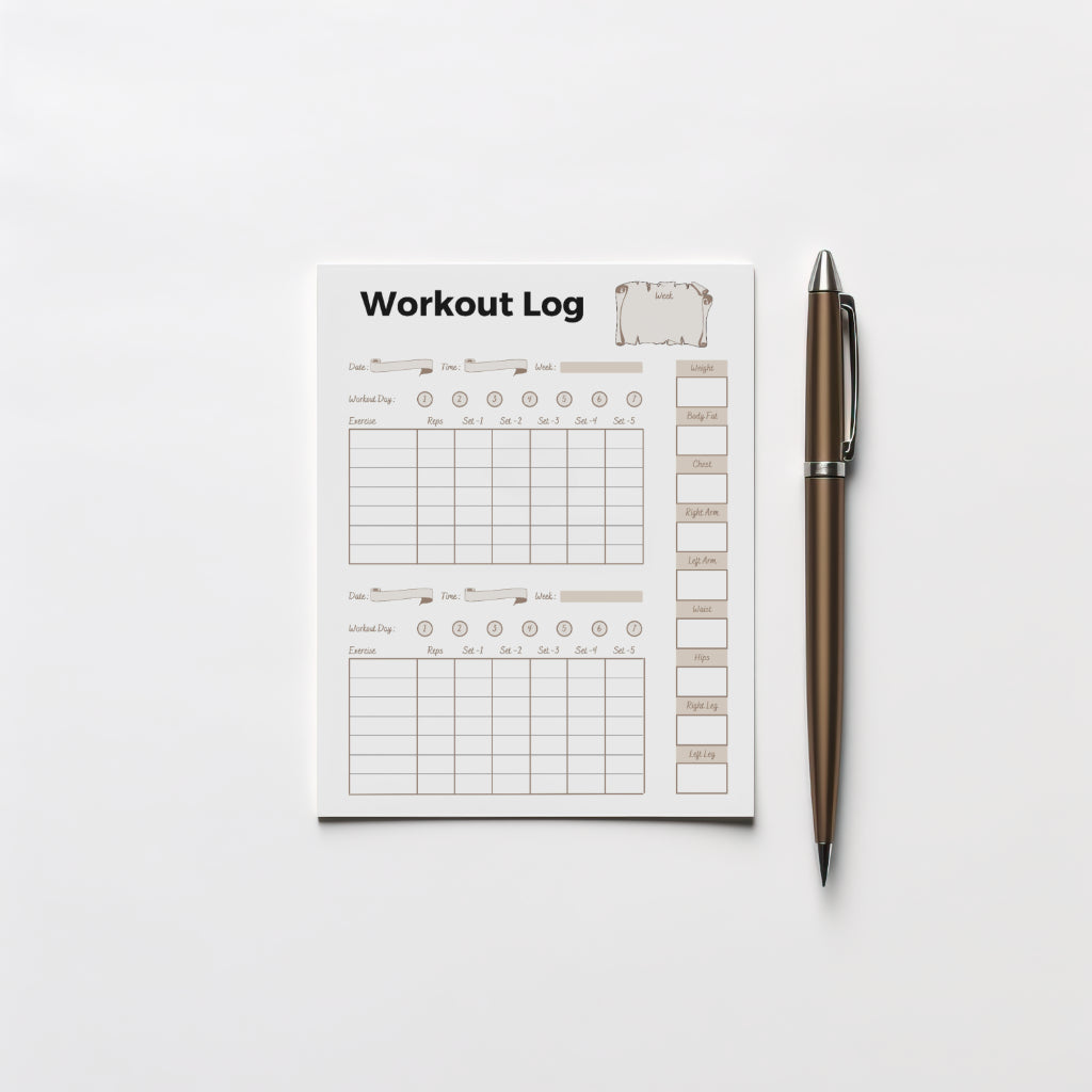 Workout log printable for tracking reps, sets, and body progress
