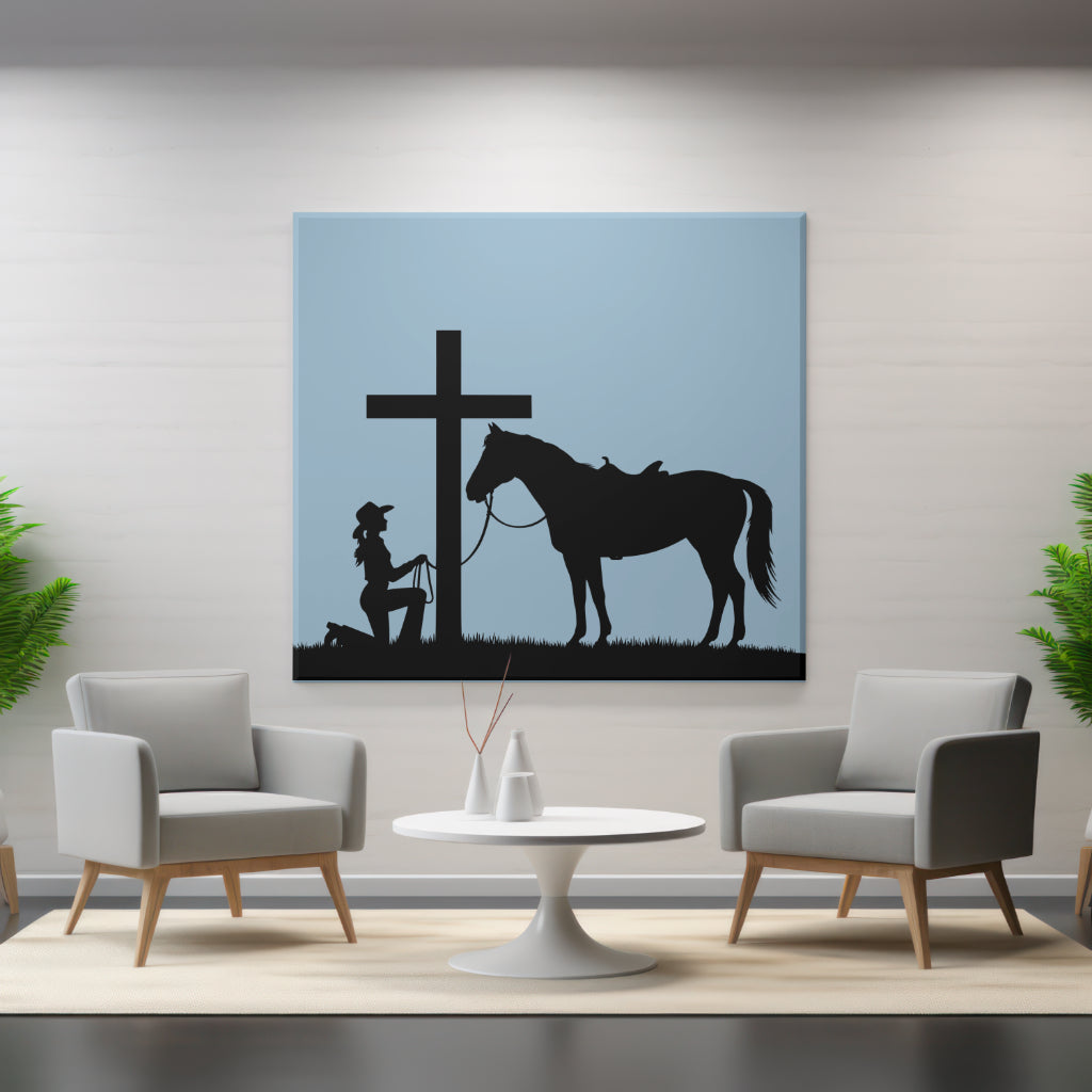 Cowgirl silhouette SVG kneeling beside a cross