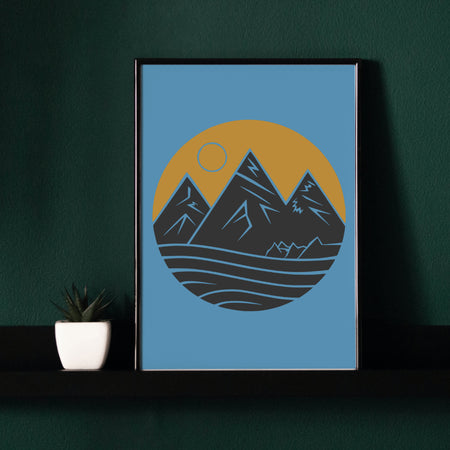 "Simple black mountain range with yellow moon in round logo style graphic."