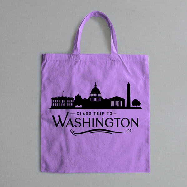 "Class trip to Washington DC skyline illustration in sleek black and silver design."