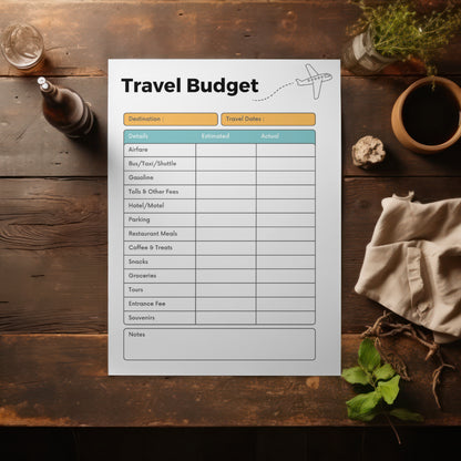 Printable Travel Budget Planner PDF for vacation expense tracking
