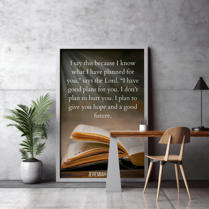 Jeremiah 29:11 printable scripture poster with rustic Bible background
