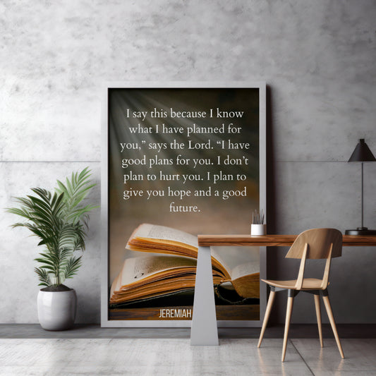 Jeremiah 29:11 printable scripture poster with rustic Bible background

