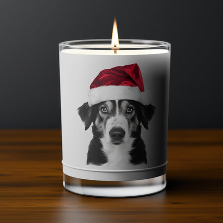 "Charming Christmas dog wearing a holiday hat in high-resolution photo."